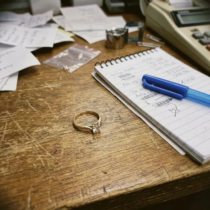 A ring photographed on a cluttered desk before retouching